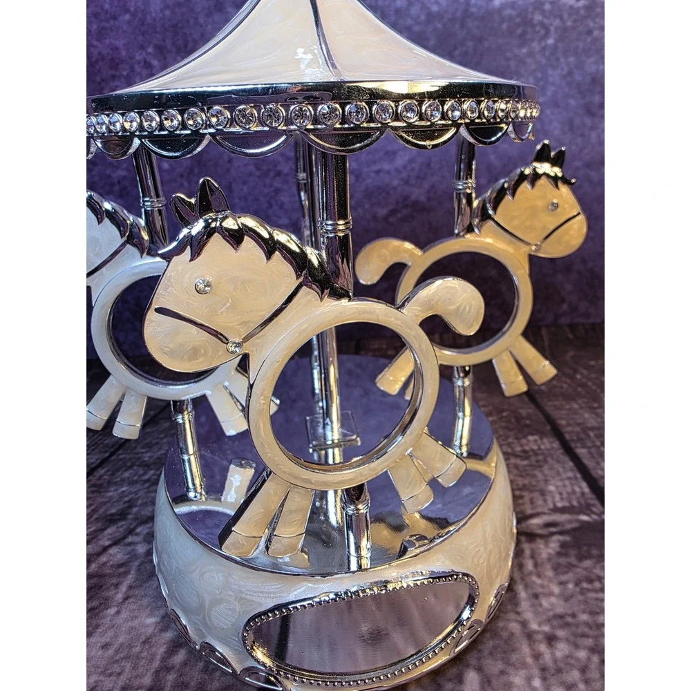 TR Carousel Horse Rotating Multi Photo Frame Silver Cream Enamel Nursery Decor